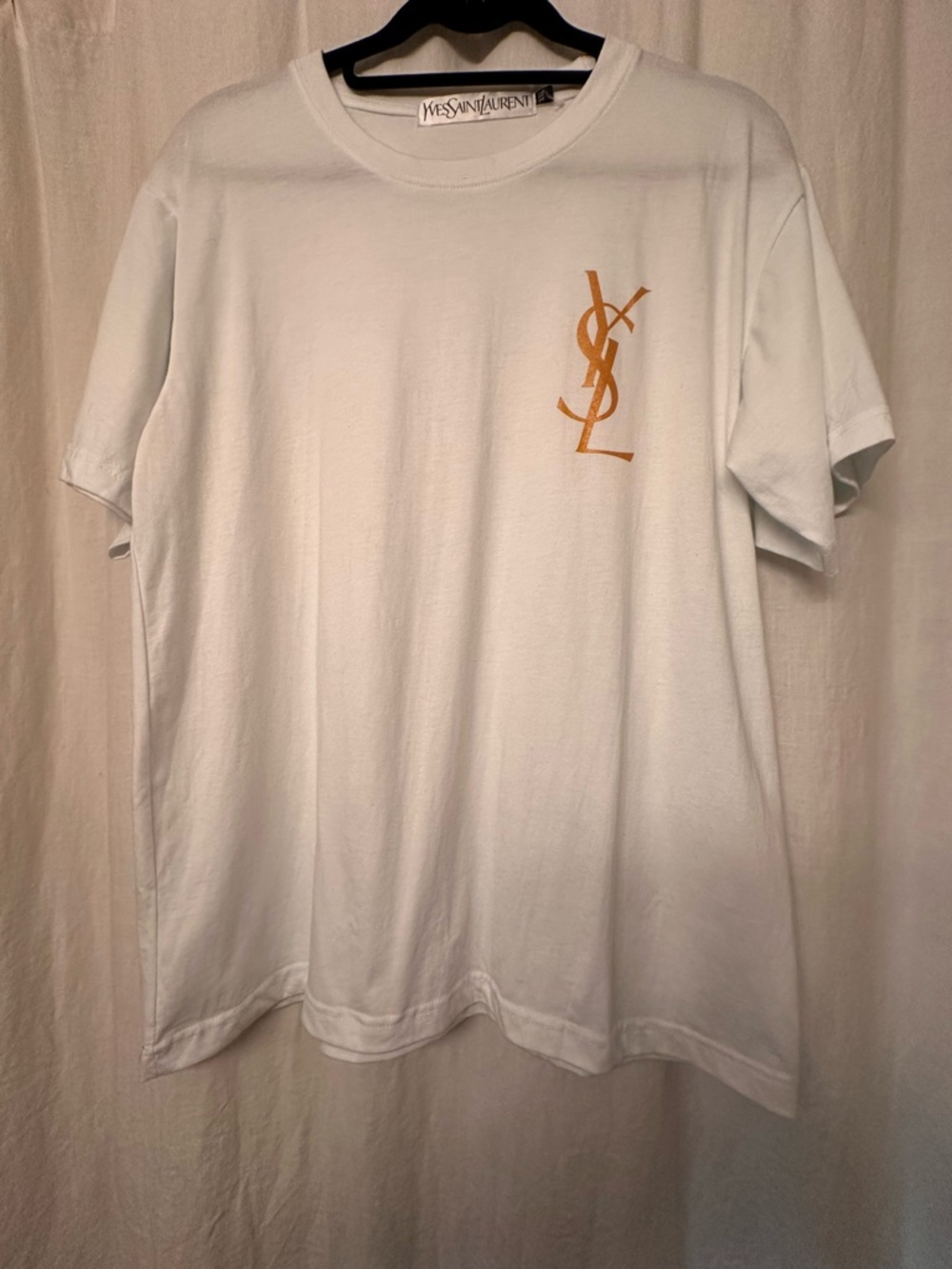 Yves Saint Laurent White Logo Short Sleeve T-Shirt - Gold YSL Monogram Designer